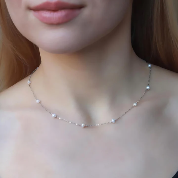 Lănțișor din argint cu perle naturale – colier minimalist cu perle de cultură, argint 925, 42+5 cm, argintiu, 4,43 gr