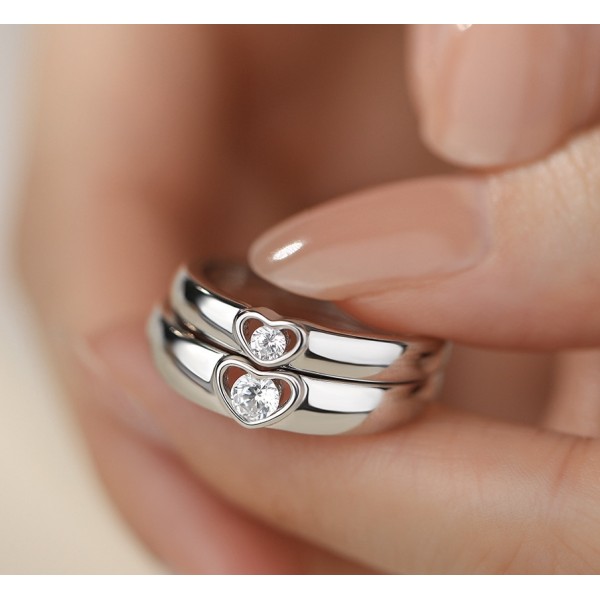 Set verighete din argint 925 reglabil cu inimă și zirconiu – set inele cuplu argint, 4,58 g