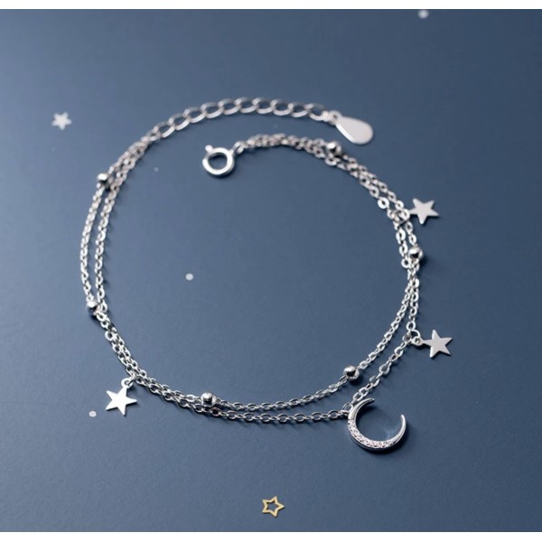 Bratara de picior din argint rodiat pentru femei, model finut si stralucitor pentru glezna, bile, stelute si semiluna, argint 925, 21 + 6 cm, argintiu, 2,38 gr
