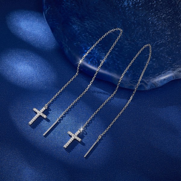 Cercei lungi din Argint 925 cu Cruce și Cristale, cercei lantisor, Cercei Threader Eleganți, argint rodiat/argint placat cu aur, 1,45 gr
