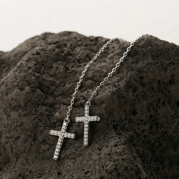 Cercei lungi din Argint 925 cu Cruce și Cristale, cercei lantisor, Cercei Threader Eleganți, argint rodiat/argint placat cu aur, 1,45 gr