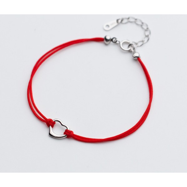 Bratara inima argint, bratara prieteniei, argint 925 rodiat, snur rosu, argintiu, 0,87 gr