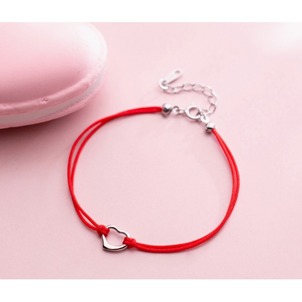 Bratara inima argint, bratara prieteniei, argint 925 rodiat, snur rosu, argintiu, 0,87 gr