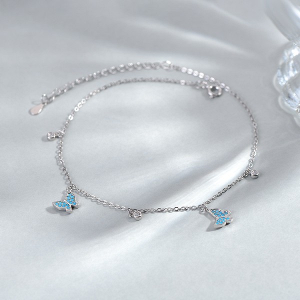 Bratara de picior din argint cu fluturasi, dama, pentru glezna femei, model finut de vara, cristale shiny si fluture turcoaz, argint 925 rodiat/argint 925 placat cu aur galben, 21 + 5 cm, 2,01 gr