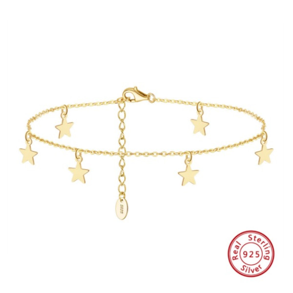Bratara de picior din argint pentru femei, model finut si stralucitor pentru glezna, stelute, argint 925 rodiat/argint 925 placat cu aur, star, 21 + 5 cm, argintiu/auriu, 1,63 gr