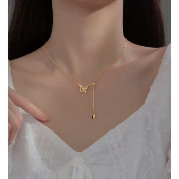 Lantisor lung din Argint Placat cu Aur cu Fluture și Zirconiu, lantisoare lungi argint, dama, argint 925, auriu/argintiu, 1,97 gr