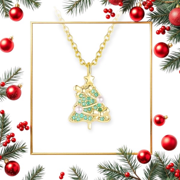 Lănțișor argint placat cu aur charm bradut impodobit , lantisor tematică Crăciun, simboluri festive, 40+5 cm