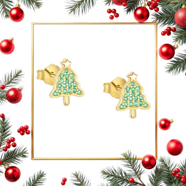 Cercei argint placat cu aur bradut, cercei argint placat cu simboluri de Craciun, cercei cadou Secret Santa, cercei cadou fetite, argint 925, auriu