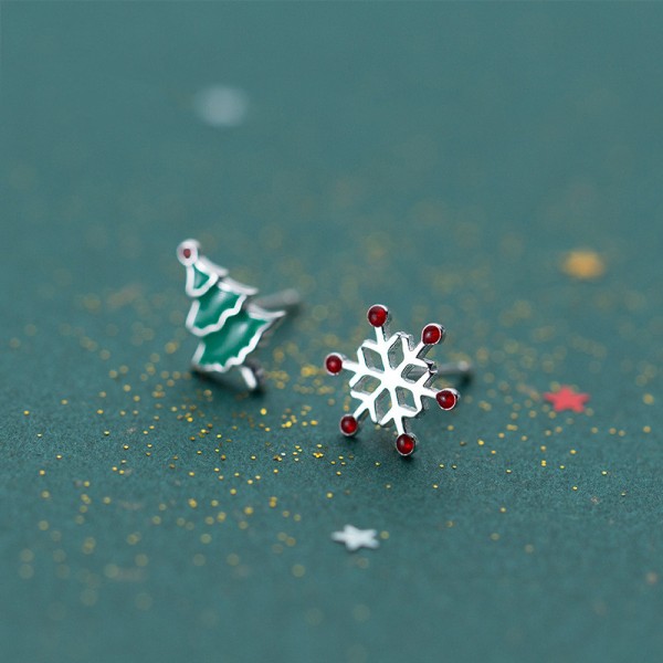 Cercei argint fulg nea si bradut, cercei cadou Craciun, cercei argint placat cu simboluri de Craciun, cercei cadou Secret Santa, cercei cadou fetite