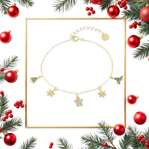 Bratara argint placata cu aur charmuri Craciun, bratara cu fulg nea si bradut impodobit , bratara cadou Crăciun, simboluri festive, 16 +3 cm