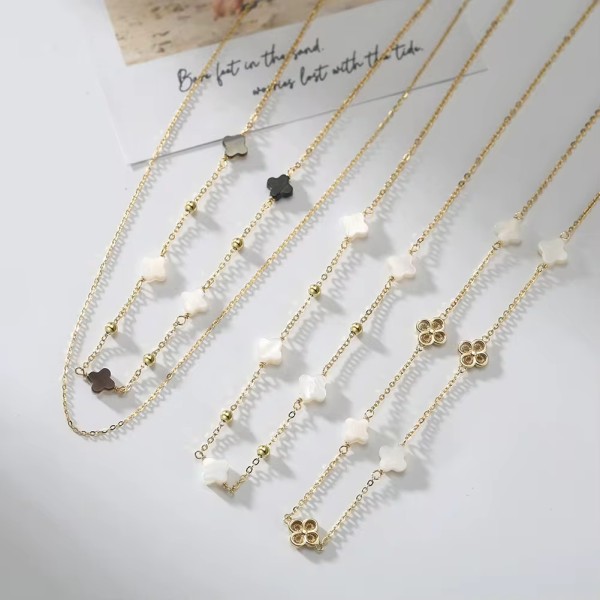 Colier Dublu Trifoi din Argint Placat cu Aur sau Argint Rodiat cu Trifoi din Sidef Natural Mother of Pearl – Lănțișor Trifoi Elegant cu Biluțe pentru Femei, 3,19 gr