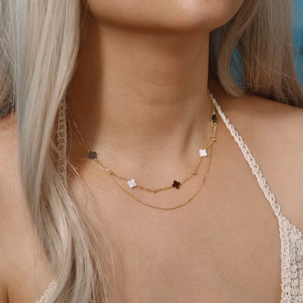 Colier Dublu Trifoi din Argint Placat cu Aur sau Argint Rodiat cu Trifoi din Sidef Natural Mother of Pearl – Lănțișor Trifoi Elegant cu Biluțe pentru Femei, 3,19 gr