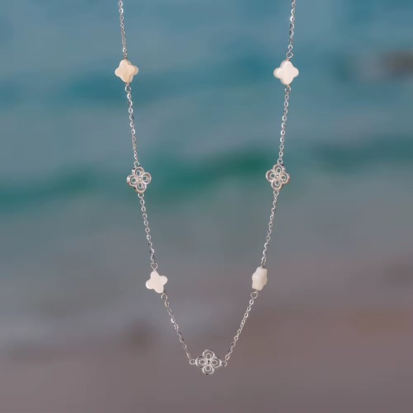 Lănțișor Van Luxy White Gold cu Trifoi și Sidef Natural Mother of Pearl din Argint Placat cu Aur sau Argint Rodiat – Colier Elegant din argint, 3,15 gr