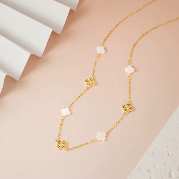 Lănțișor Van Luxy White Gold cu Trifoi și Sidef Natural Mother of Pearl din Argint Placat cu Aur sau Argint Rodiat – Colier Elegant din argint, 3,15 gr