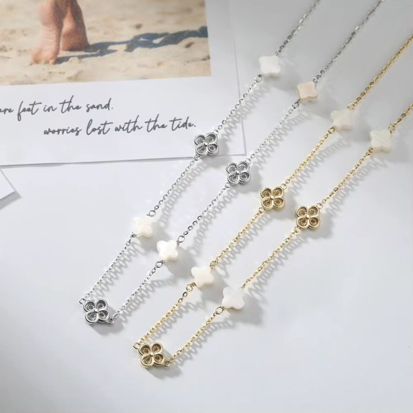 Lănțișor Van Luxy White Gold cu Trifoi și Sidef Natural Mother of Pearl din Argint Placat cu Aur sau Argint Rodiat – Colier Elegant din argint, 3,15 gr