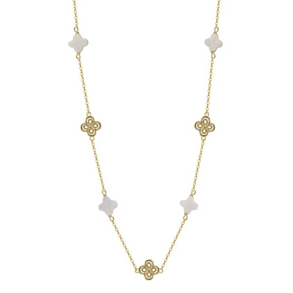 Lănțișor Van Luxy White Gold cu Trifoi și Sidef Natural Mother of Pearl din Argint Placat cu Aur sau Argint Rodiat – Colier Elegant din argint, 3,15 gr