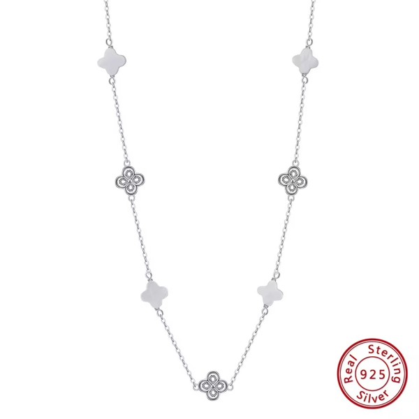 Lănțișor Van Luxy White Gold cu Trifoi și Sidef Natural Mother of Pearl din Argint Placat cu Aur sau Argint Rodiat – Colier Elegant din argint, 3,15 gr