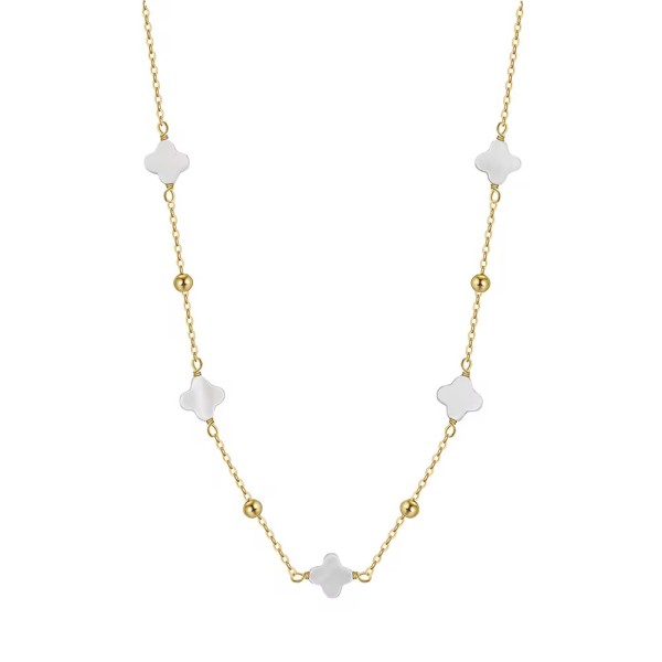 Lănțișor Van Luxy White Gold cu Trifoi din Sidef Natural și Biluțe din Argint – Argint Placat cu Aur sau Argint Rodiat | Mother of Pearl, 2,83 gr