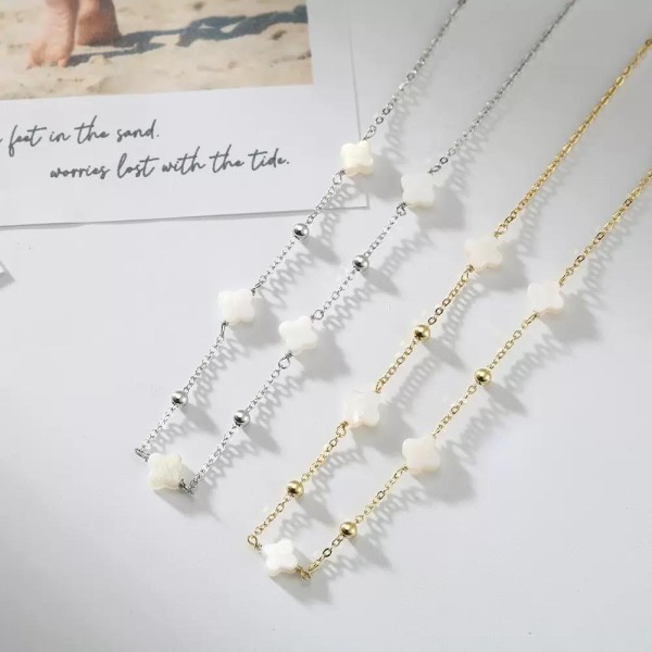 Lănțișor Van Luxy White Gold cu Trifoi din Sidef Natural și Biluțe din Argint – Argint Placat cu Aur sau Argint Rodiat | Mother of Pearl, 2,83 gr