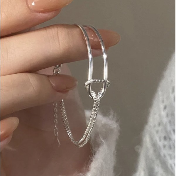 Bratara din argint, dama, argint 925, tip bratara fixa, combinata, fixa si lant flexibil,  argintie, 4,23 gr