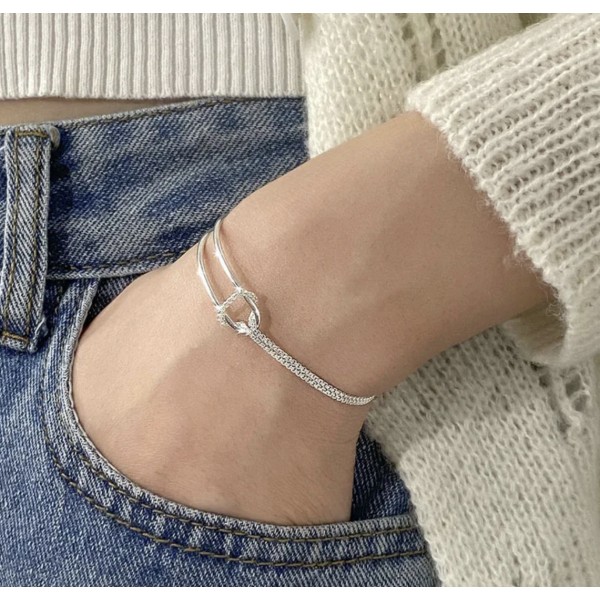 Bratara din argint, dama, argint 925, tip bratara fixa, combinata, fixa si lant flexibil,  argintie, 4,23 gr