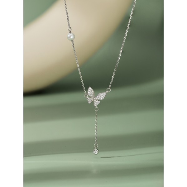 Lantisor din argint fluture, lant lung, perla, cristale albe, dama, argint 925, 40+5 cm, argintiu, 2,20 gr