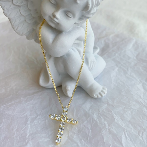 Lănțișor Cruce din Argint 925 cu Pietre Strălucitoare, Model Elegant CROSS, Auriu / Argintiu, 40+6 cm, 2,84 gr